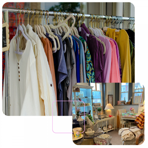Thrift store clothing rack with assorted styles